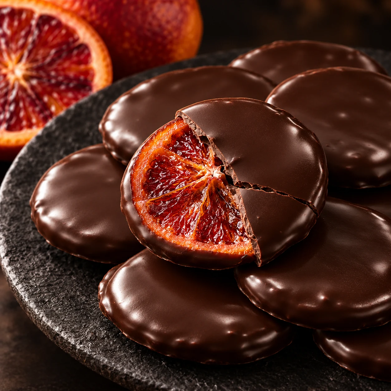 チョコレートをまとった輪切りと、ブラッドオレンジの赤い断面