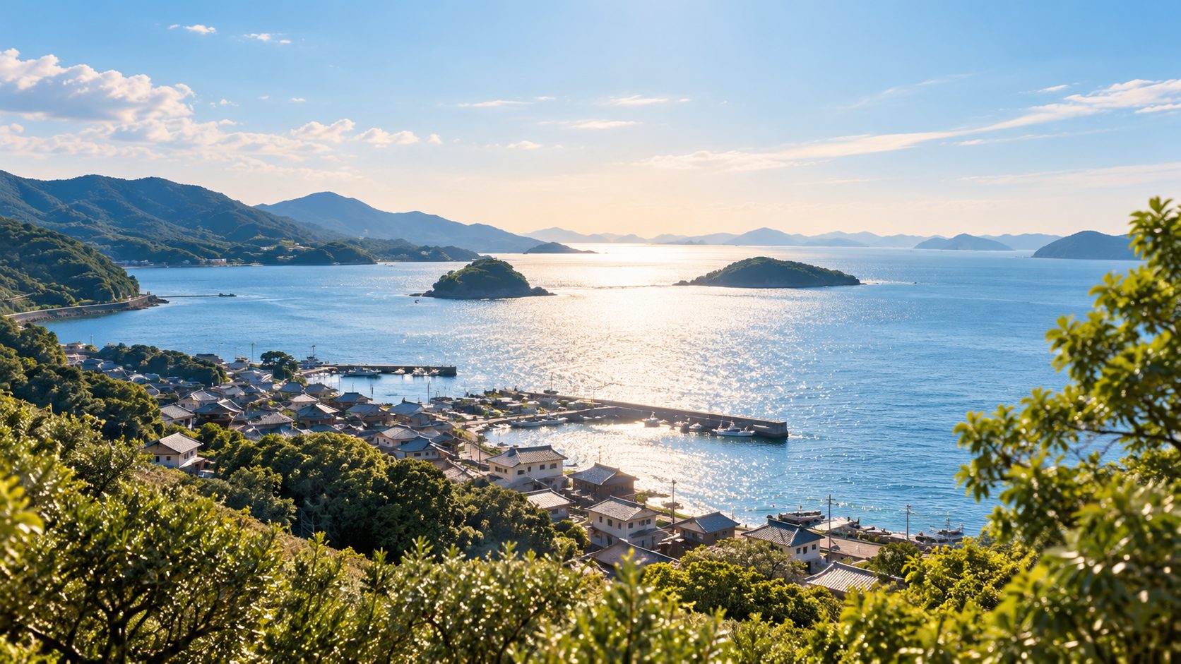 瀬戸内海の島影と、穏やかな海