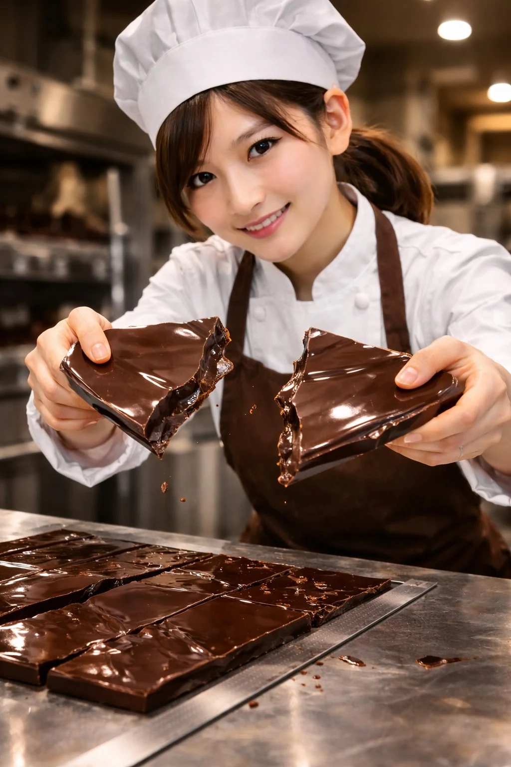 白い帽子の人物が、大きな割れチョコを両手で持ち、おいしさを見せるビジュアル