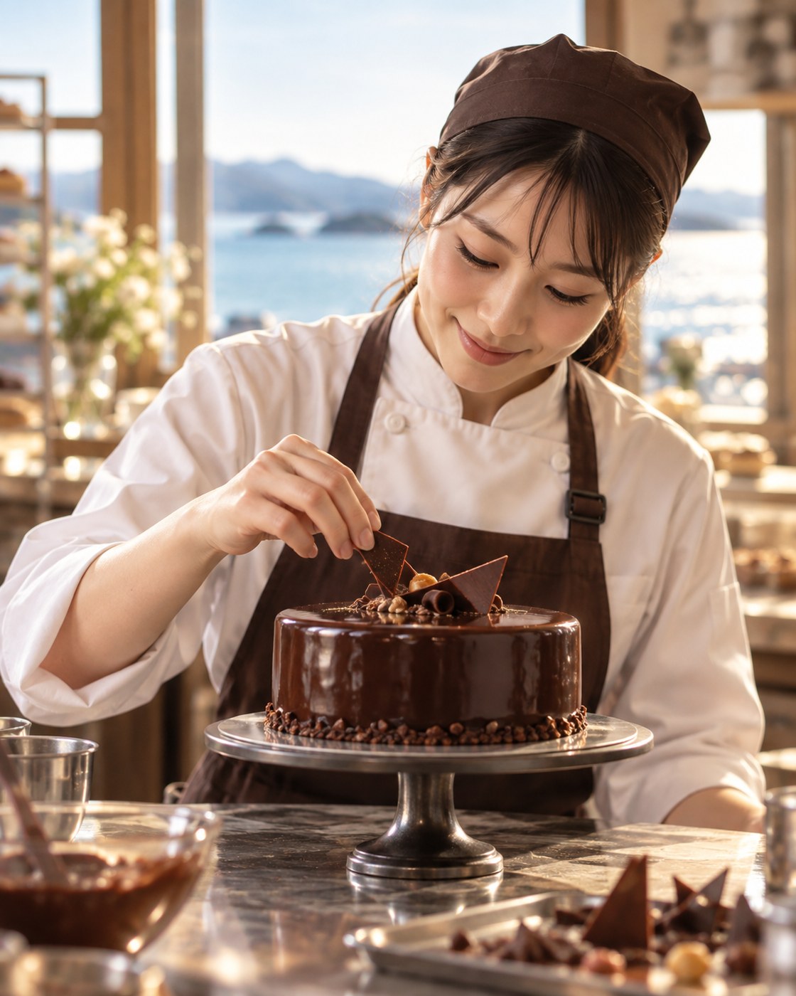 ケーキを仕上げるパティシエ