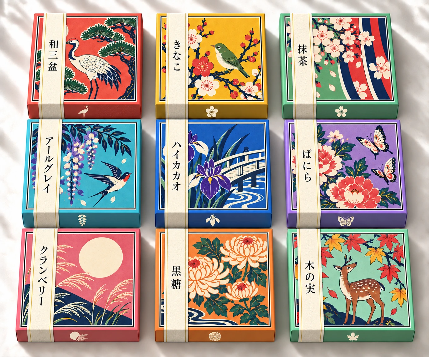 次回予告:鶴、梅、桜など花札の意匠を描いた9種類の新パッケージのデザイン案